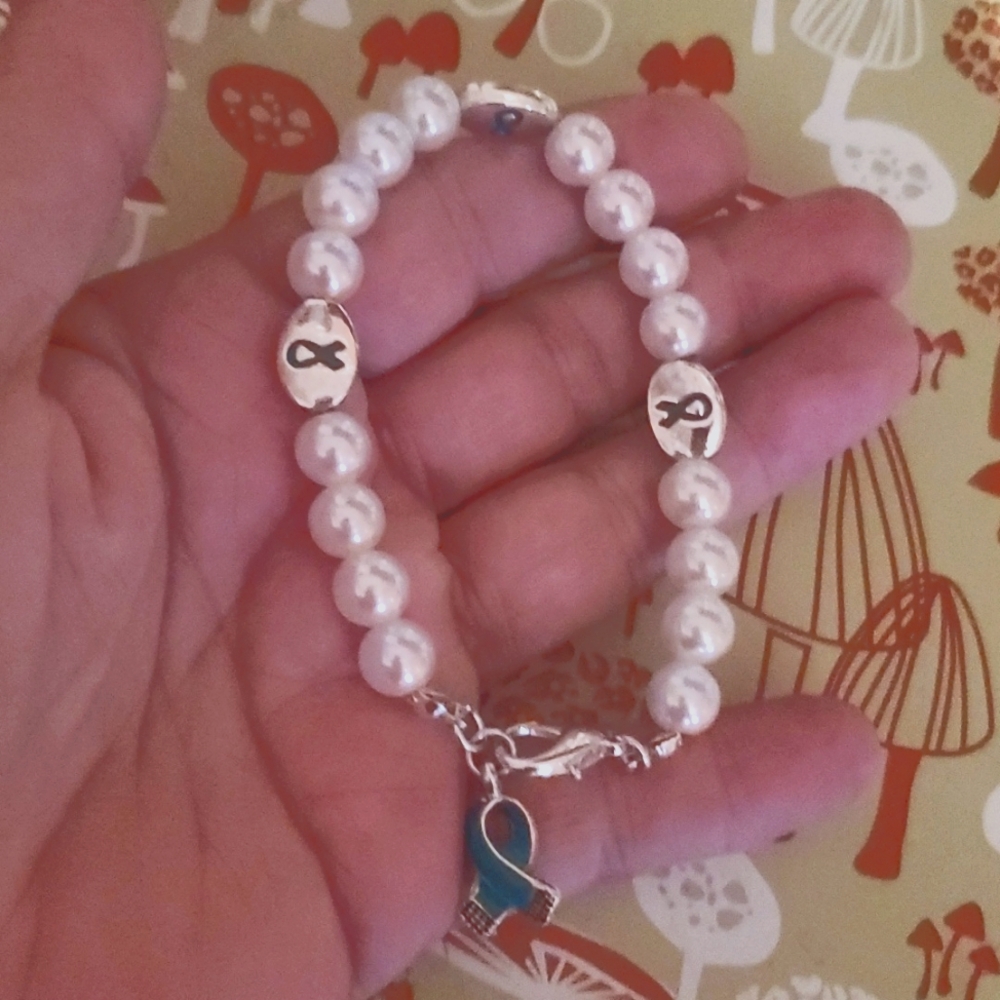 Teal Blue Cancer Awareness Ribbon Bracelet White Faux Pearls 7"